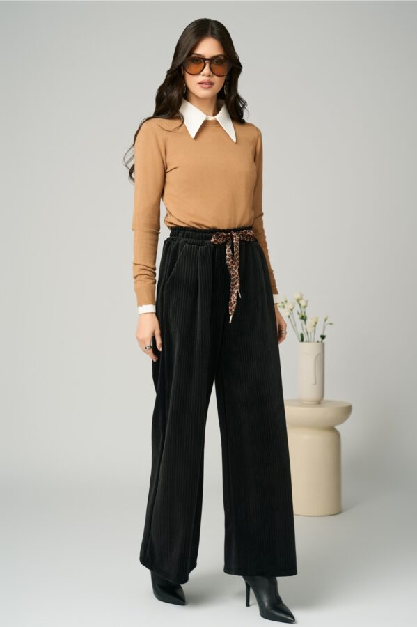 Pantaloni casual din catifea negri cu snur in talie