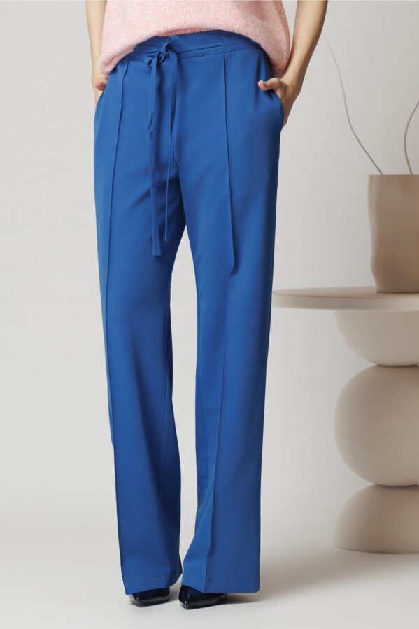 Pantaloni DY Fashion office din stofa albastri cu snur in talie
