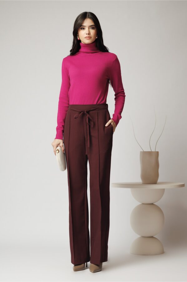 Pantaloni DY Fashion office din stofa bordo cu snur in talie