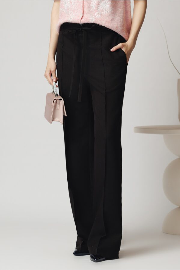 Pantaloni DY Fashion office din stofa negri cu snur in talie