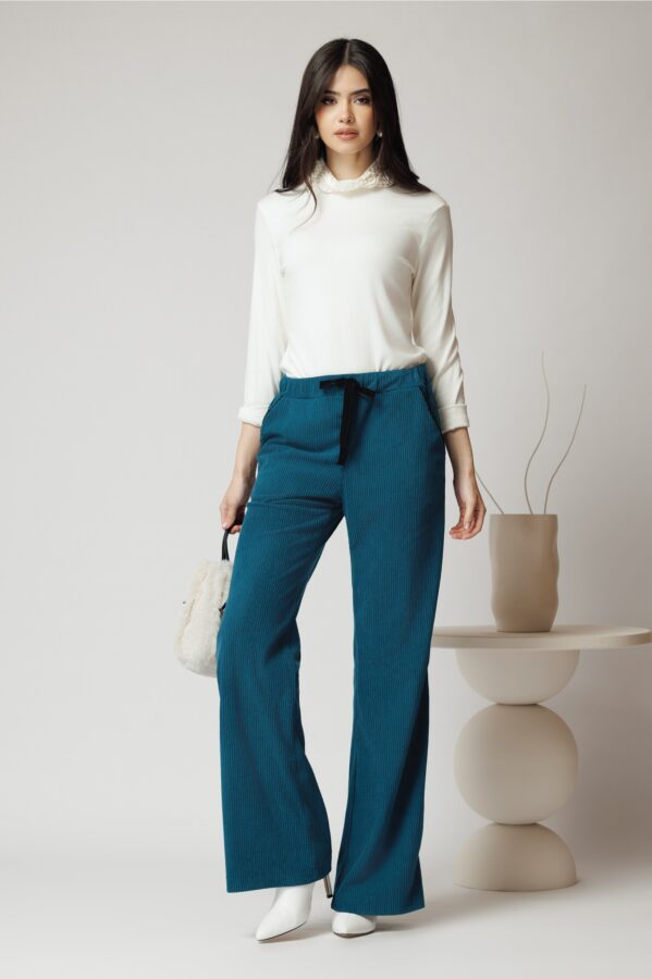 Pantaloni DY Fashion smart-casual din velur turcoaz
