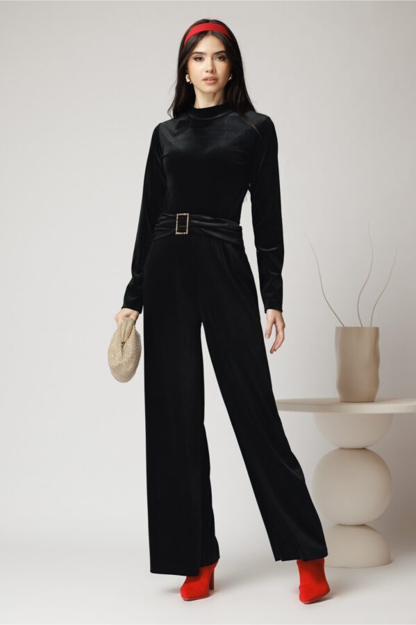 Pantaloni eleganti din catifea negri cu catarama in talie