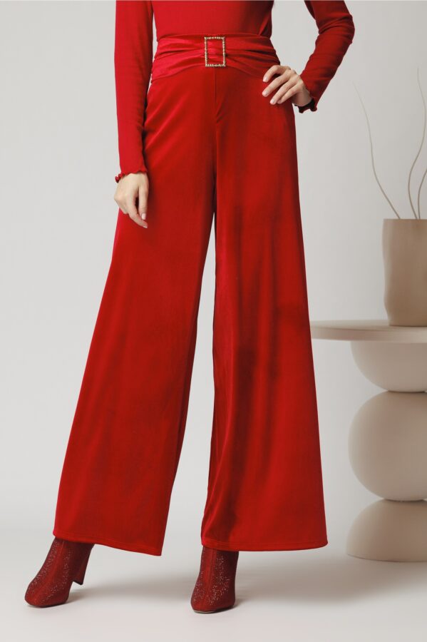 Pantaloni eleganti din catifea rosii cu catarama in talie