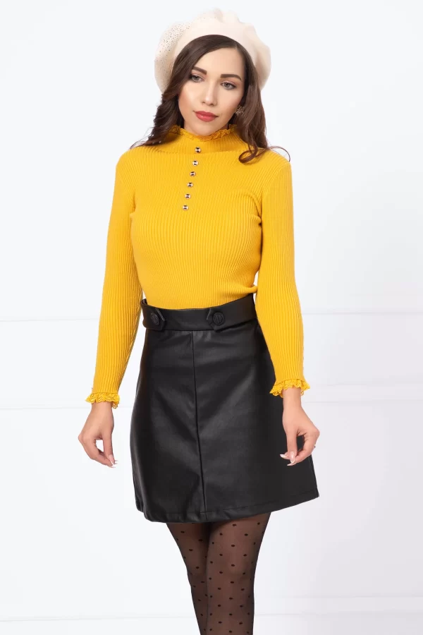 Pulover elegant mustar din tricot cu dantela la guler si mansete