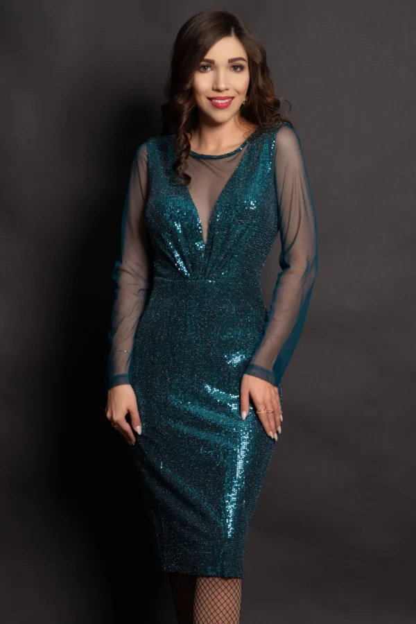 Rochie eleganta de ocazie Celeste cu paiete verzi si maneci din tulle