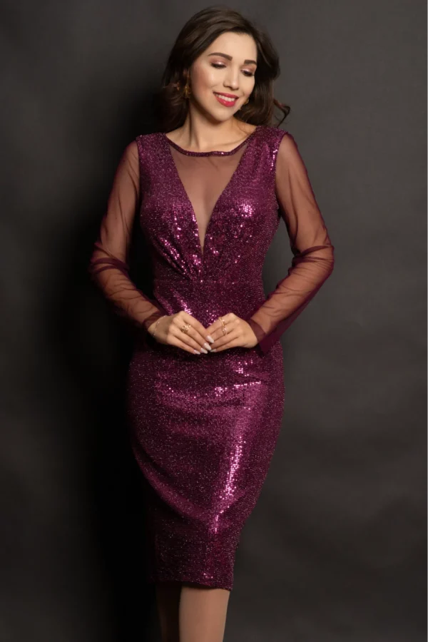 Rochie eleganta de ocazie Celeste mov cu paiete si maneci din tulle