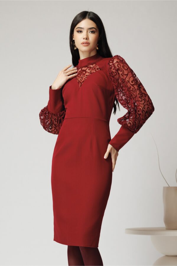Rochie Ella Collection Kira eleganta din stofa burgundy cu detalii catifelate pe maneci