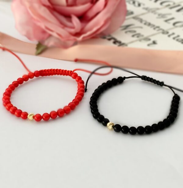 Set bratari cuplu biluta aur 14K onix si pietre coral rosu
