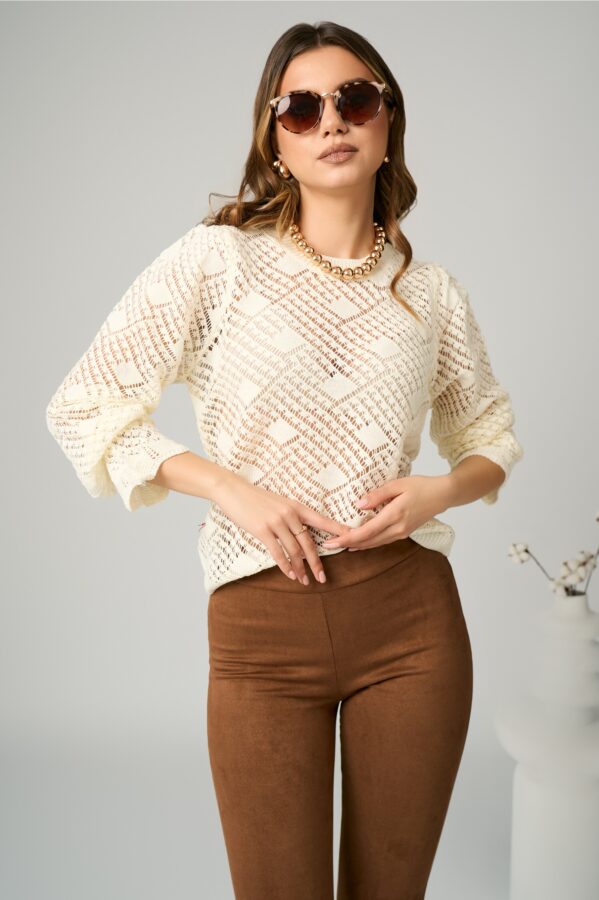 Bluza casual din tricot ivory cu maneci bufante