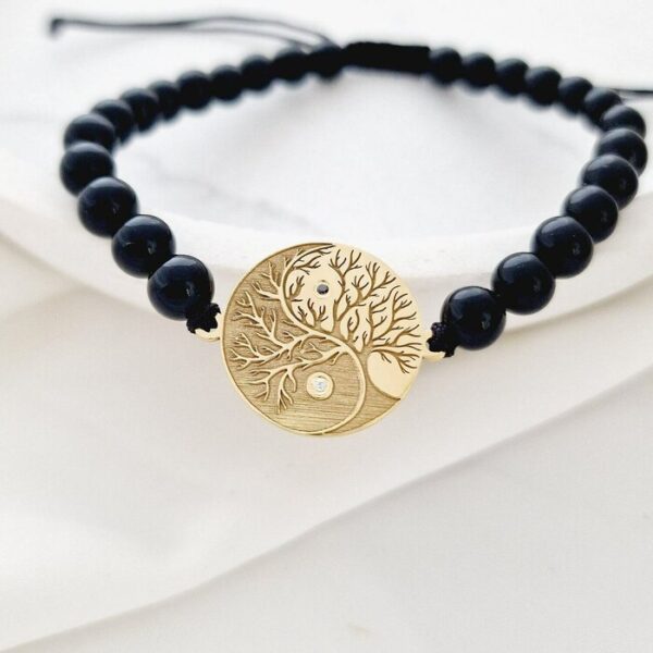 Bratara Arborele Vietii cu Yin&Yang ? Argint 925 Placat cu Aur 18K, Onix Negru si Diamante Naturale