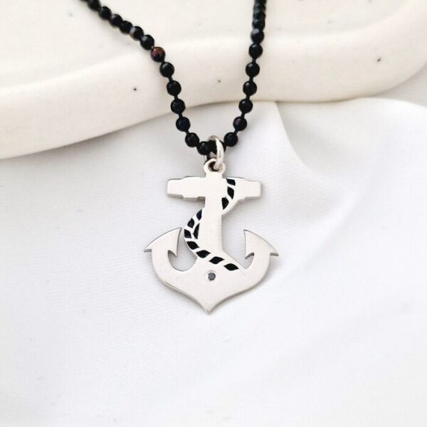 Lantisor Barbatesc cu Pandantiv Ancora ? Argint 925 Rodiat, Email Negru si Diamant Negru