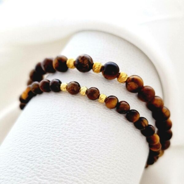 Set 2 bratari din pietre Ochi de Tigru – Bilute din Argint 925 placate cu Aur galben 18K – Snur elastic