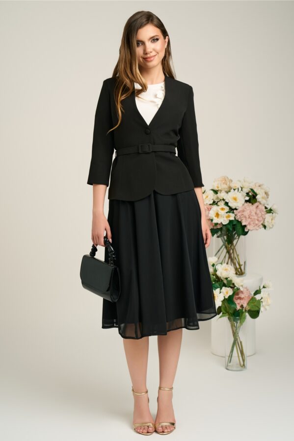 Compleu DY Fashion elegant negru cu fusta din voal si sacou din stofa