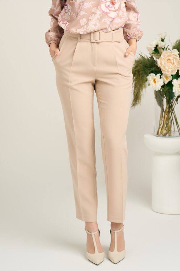 Pantaloni DY Fashion office din stofa bej cu buzunare si curea in talie