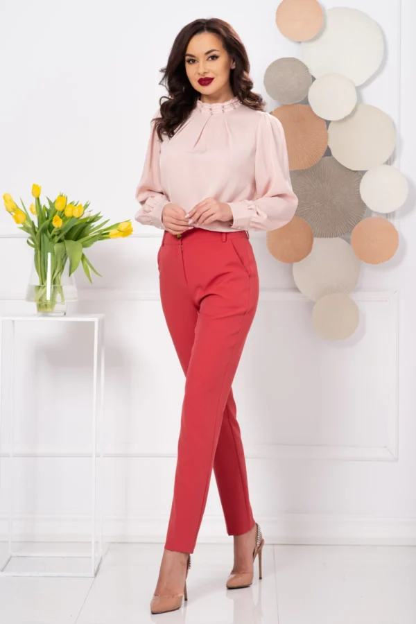 Pantaloni office conici corai cu talie inalta