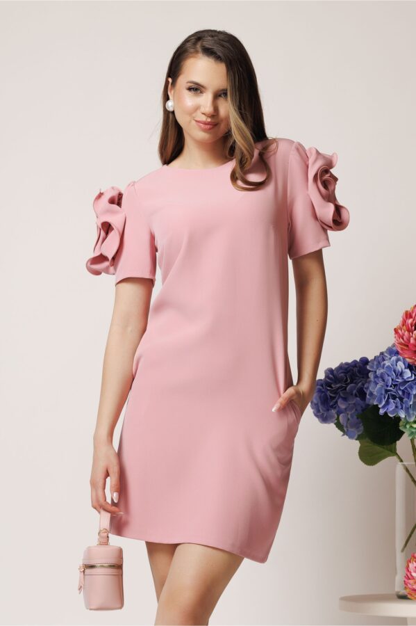 Rochie de ocazie roz fistic cu flori maxi pe maneci