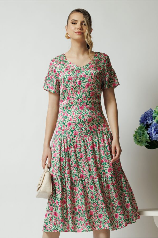 Rochie de zi din viscoza satinata ivory cu floricele roz