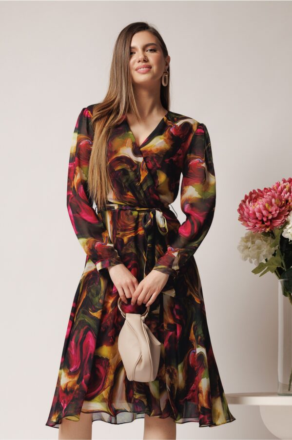 Rochie de zi din voal vaporos cu imprimeu fucsia