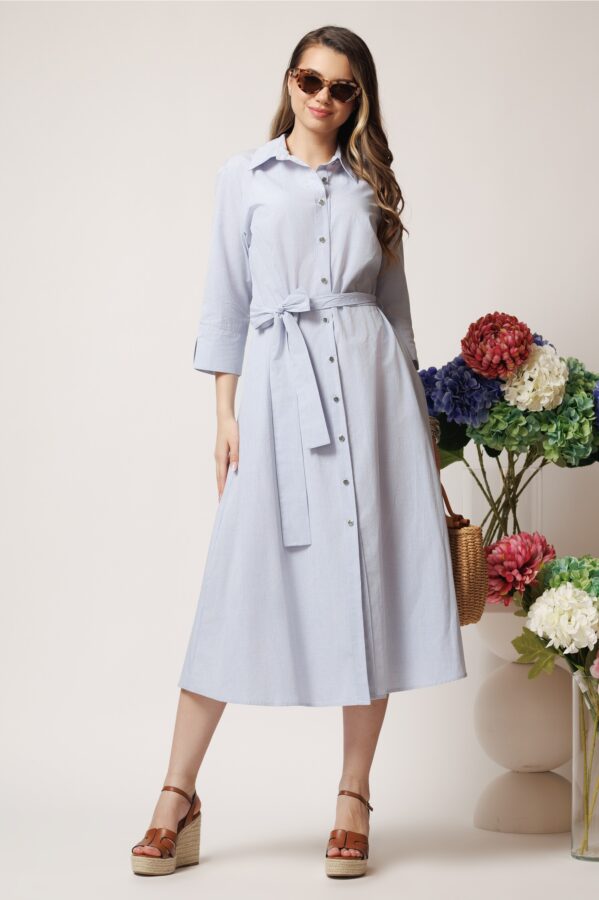 Rochie de zi tip camasa din bumbac gri cu cordon in talie