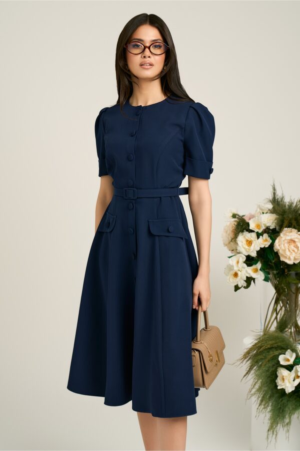 Rochie Dy Fashion bleumarin de zi cu nasturi si curea in talie