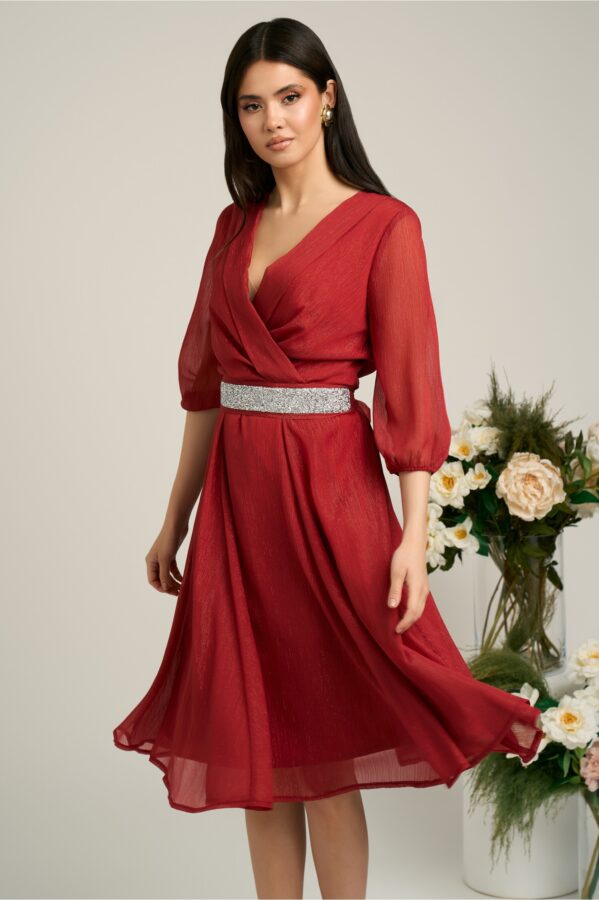 Rochie Dy Fashion bordo din voal cu fir stralucitor si cordon