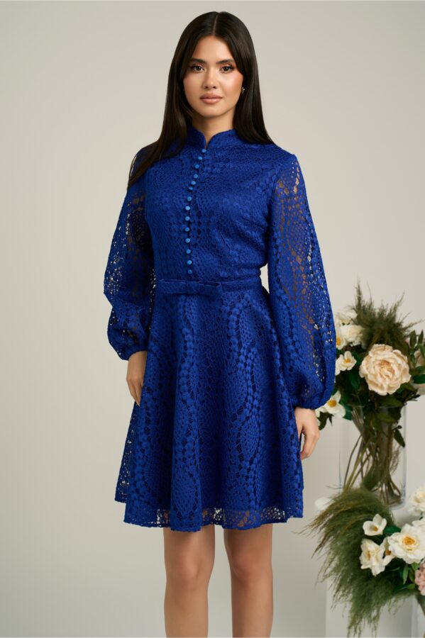 Rochie DY Fashion eleganta din dantela albastra cu nasturi la bust