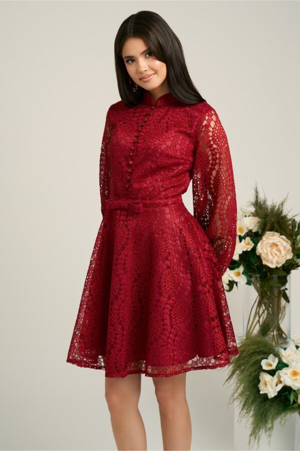 Rochie DY Fashion eleganta din dantela bordo cu nasturi la bust