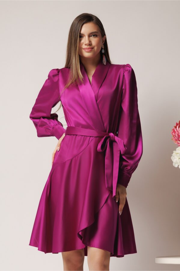 Rochie DY Fashion eleganta din satin magenta cu croi petrecut si cordon in talie