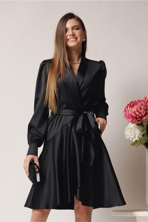 Rochie DY Fashion eleganta din satin neagra cu croi petrecut si cordon in talie