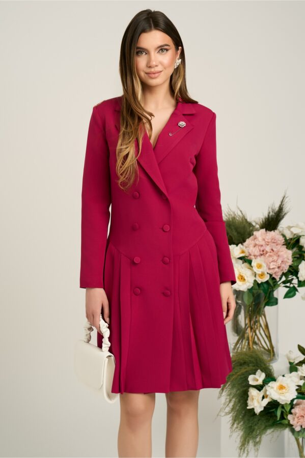 Rochie DY Fashion eleganta din stofa magenta tip sacou cu pliuri pe fusta