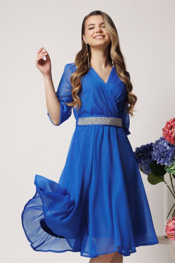 Rochie Dy Fashion eleganta din voal albastra cu fir stralucitor si cordon