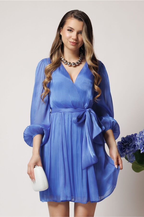 Rochie DY Fashion eleganta din voal bleu cu fir lurex si cordon in talie