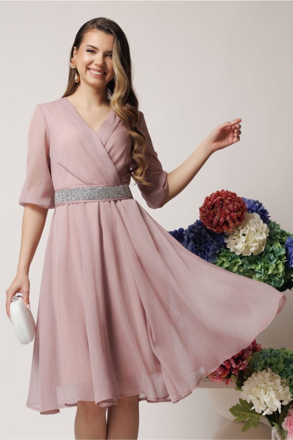 Rochie DY Fashion eleganta din voal roz prafuit cu fir stralucitor si cordon