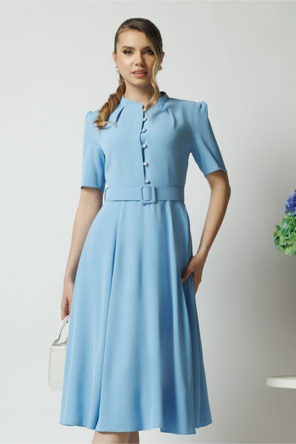 Rochie DY Fashion office din triplu voal bleu cu nasturi la bust si curea in talie