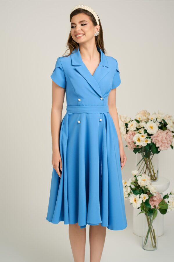 Rochie eleganta din stofa bleu cu nasturi si cordon decorativ in talie