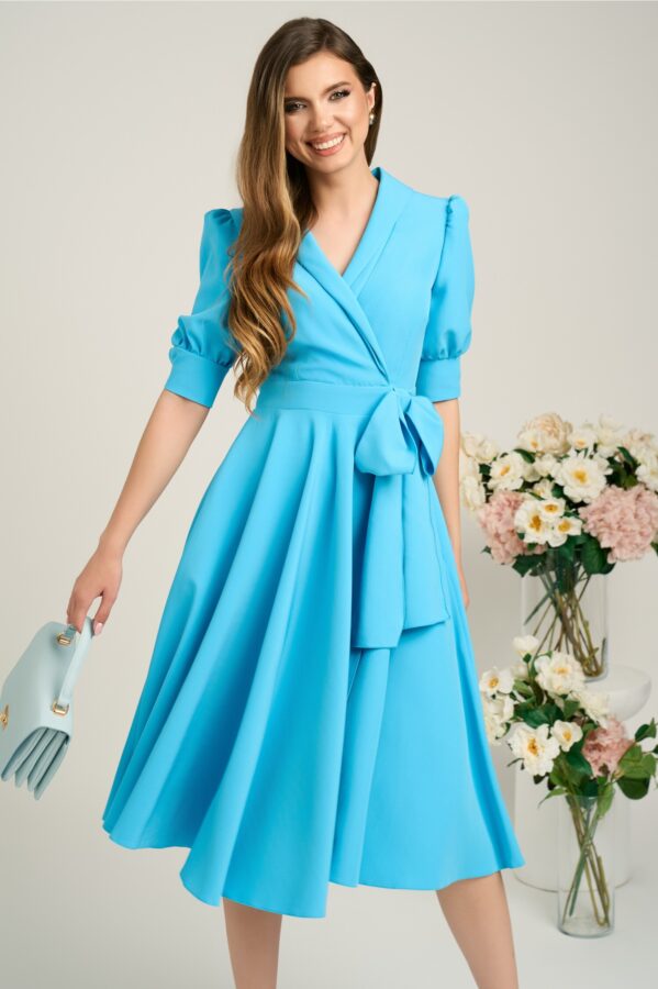 Rochie eleganta din stofa bleu funda in talie