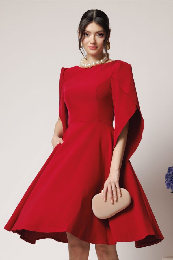 Rochie eleganta din stofa rosu zmeura cu maneci evazate petrecute