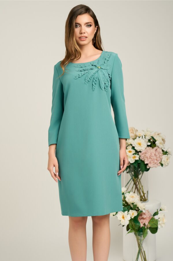 Rochie eleganta din stofa verde menta cu floare pe bust