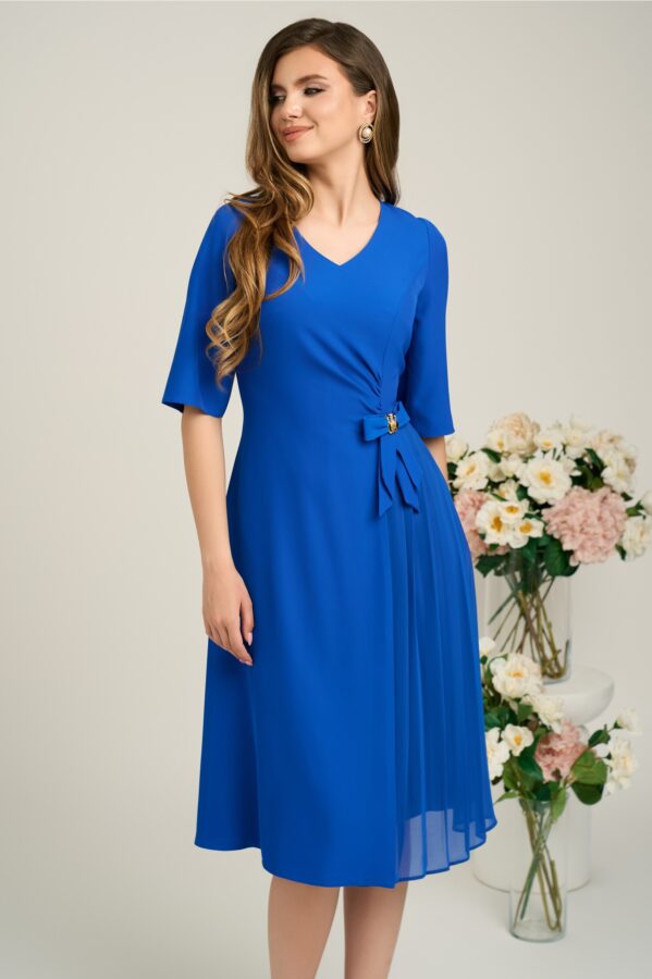 Rochie eleganta din triplu voal albastra cu funda in talie