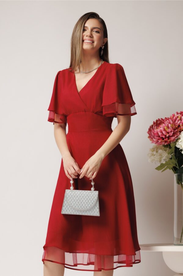 Rochie eleganta din voal bordo cu insertii din fir lurex