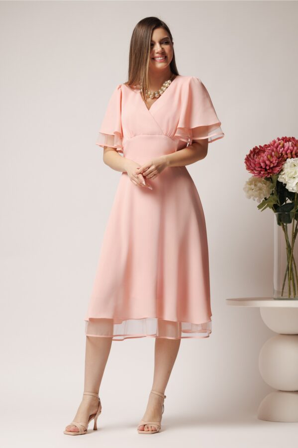 Rochie eleganta din voal crep cu volane din tull la maneci