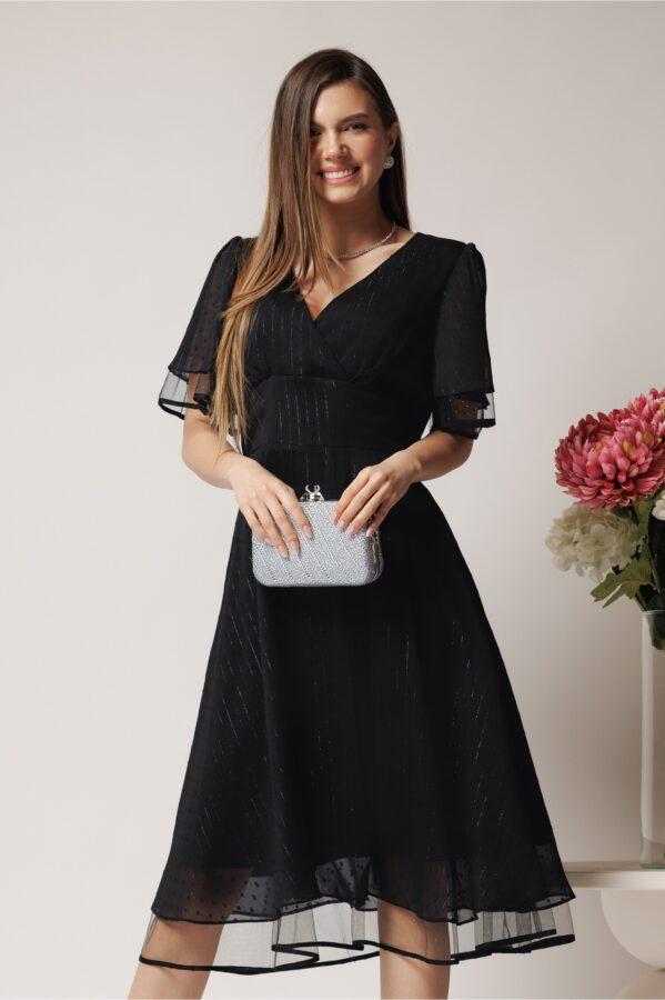 Rochie eleganta din voal neagra cu buline si fir lurex
