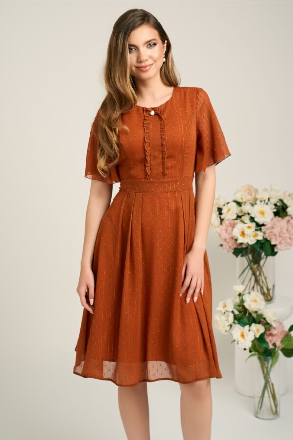 Rochie eleganta din voal portocalie cu insertii in relief si fir lurex