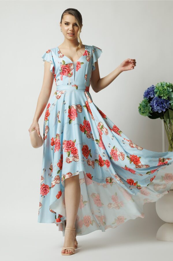 Rochie eleganta lunga din tafta bleu cu imprimeu si cordon in talie