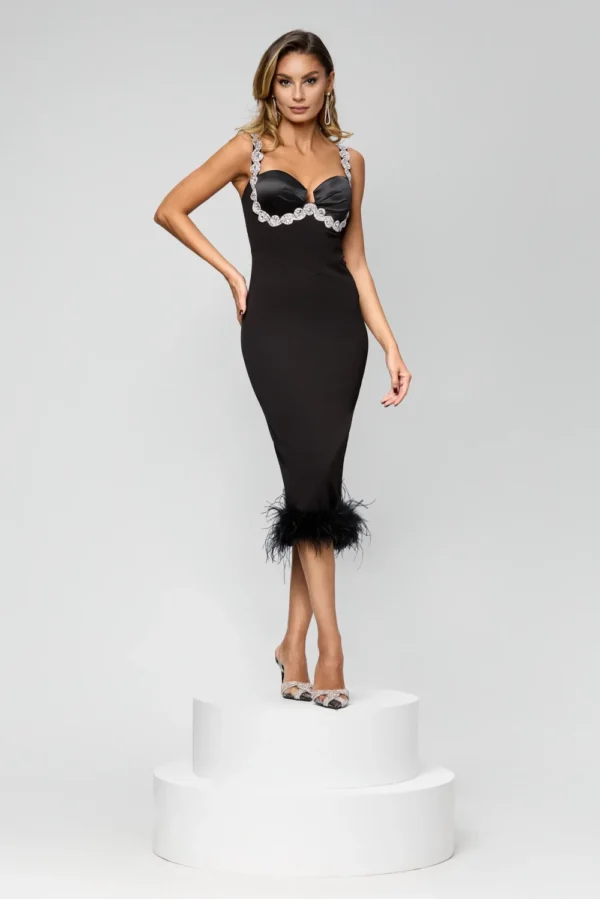 Rochie eleganta midi cu pene la baza si cupe satinate