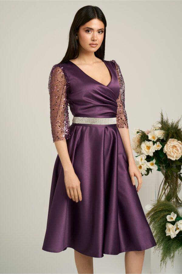 Rochie Ella Collection Adria eleganta din tafta mov cu cordon in talie