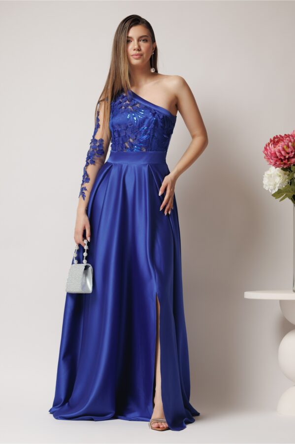 Rochie Ella Collection Alesia lunga eleganta din tafta albastra cu broderie la bust