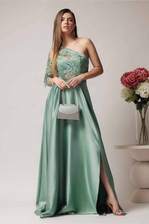 Rochie Ella Collection Alesia lunga eleganta din tafta verde mint cu broderie la bust