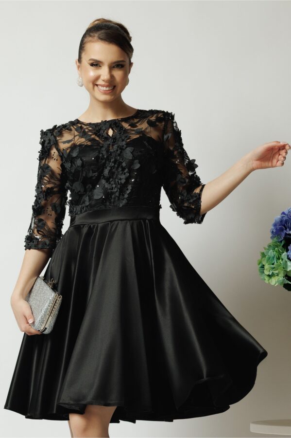 Rochie Ella Collection Ana eleganta din tafta neagra cu broderie florala 3D la bust