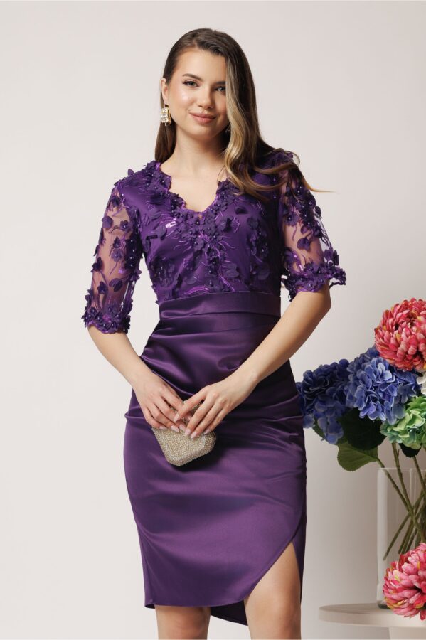 Rochie Ella Collection Catlyn din tafta mov de ocazie cu broderie pe bust